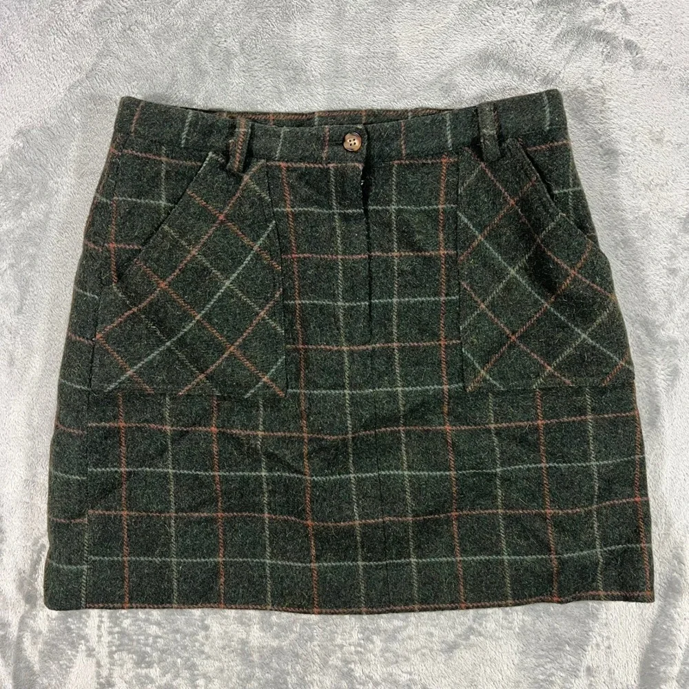 Women Mohair Mini Skirt Plaid Wool 10P Green‎ Excellent Dark Academia Pockets